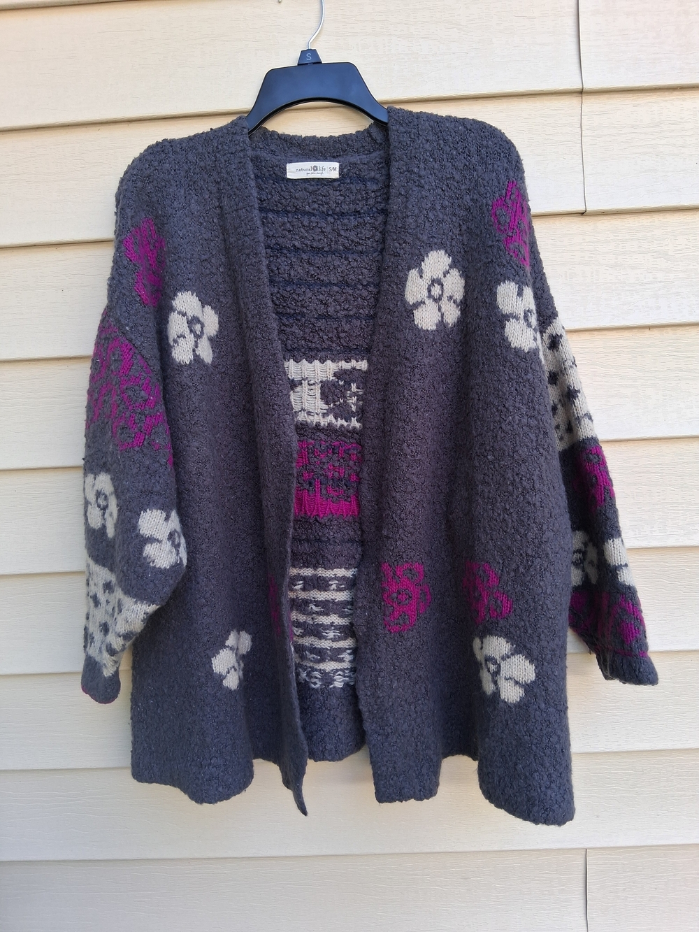NATURAL LIFE Charcoal Open Cardigan with Magenta & Cream Floral Accents OVER SZ